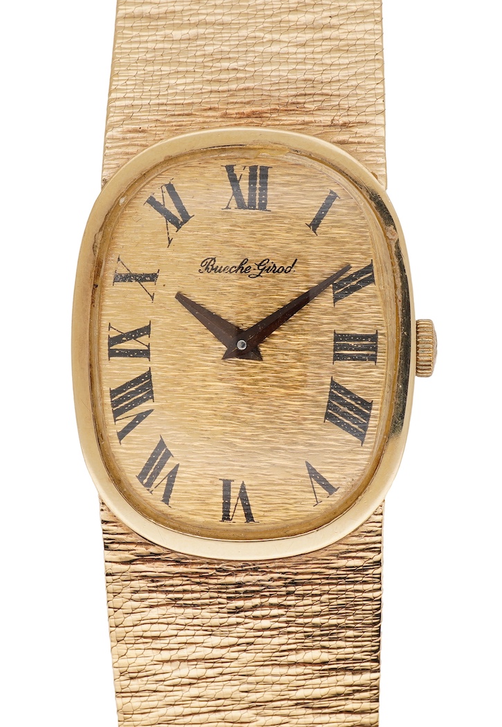 A gentleman's early 1970's 9ct gold Bueche Girod manual wind dress wrist watch, on an integral 9ct gold bark effect bracelet